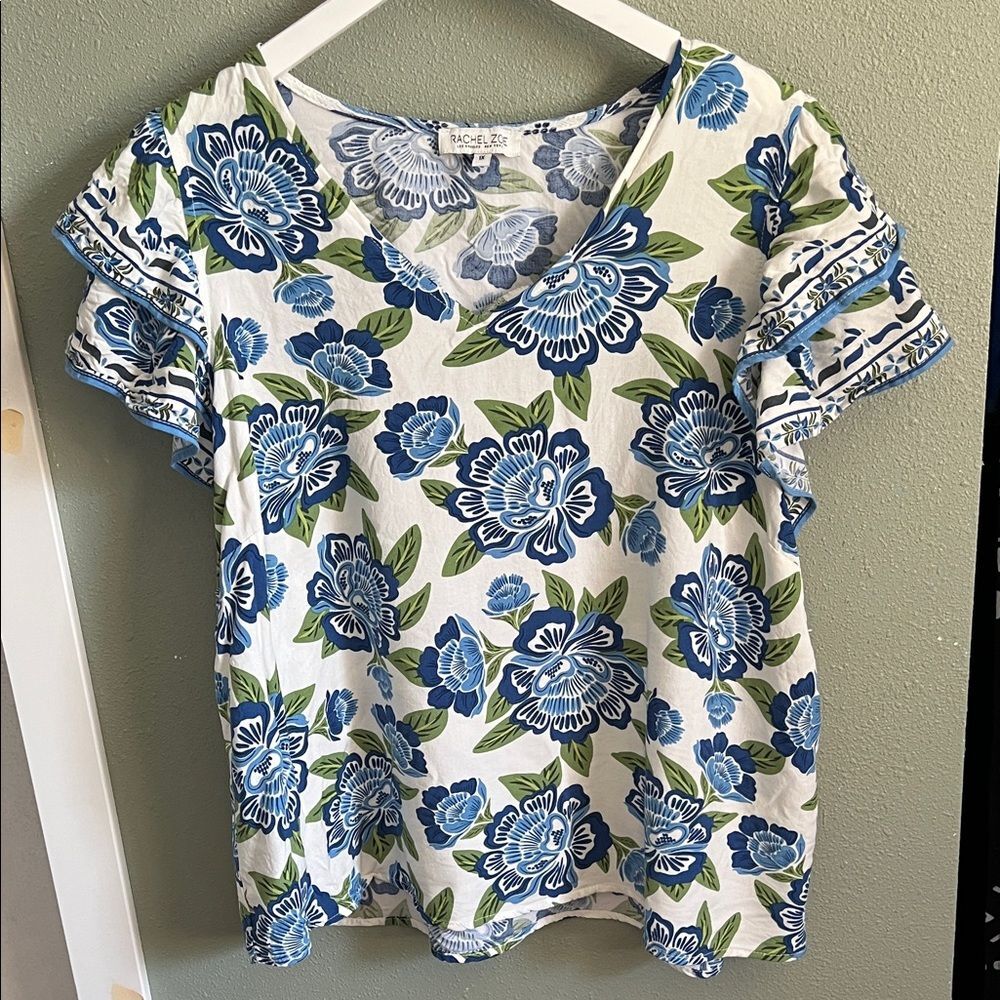 Rachael Zoe Floral Ruffle Cap Sleeves Top Size 1X